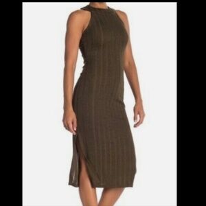 NSR Halter Midi Dress Olive Green Metallic Shimmer Size L $98